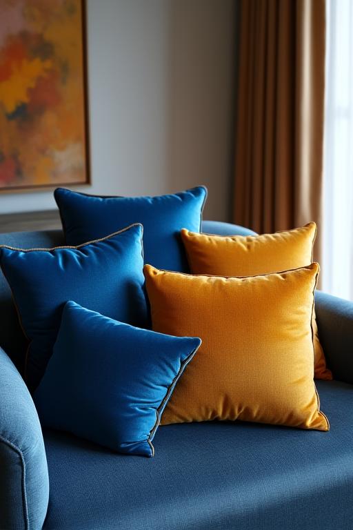 Gruppo di cuscini in velluto blu e ocra su una poltrona di design.