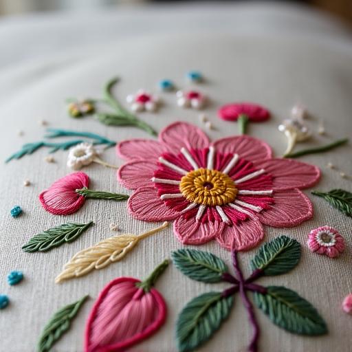 Dettaglio di un ricamo floreale personalizzato su un cuscino di lino.