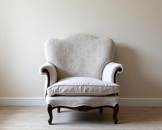 Poltrona vintage completamente rinnovata con un tessuto damascato grigio perla.