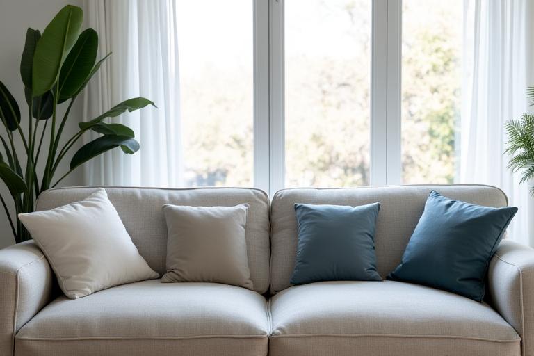 Set di cuscini coordinati su un divano moderno in un living luminoso.