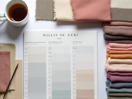 Palette di colori e campioni di tessuto su un tavolo da disegno.